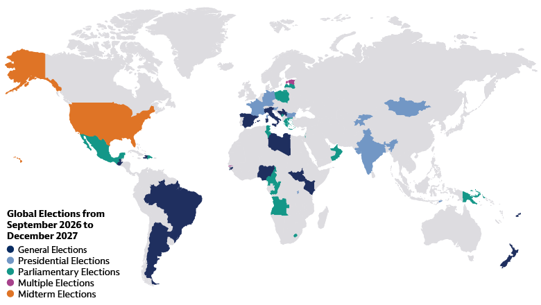 Map showing national elections and referenda scheduled across global markets from October 2026 to December 2027, by election type.