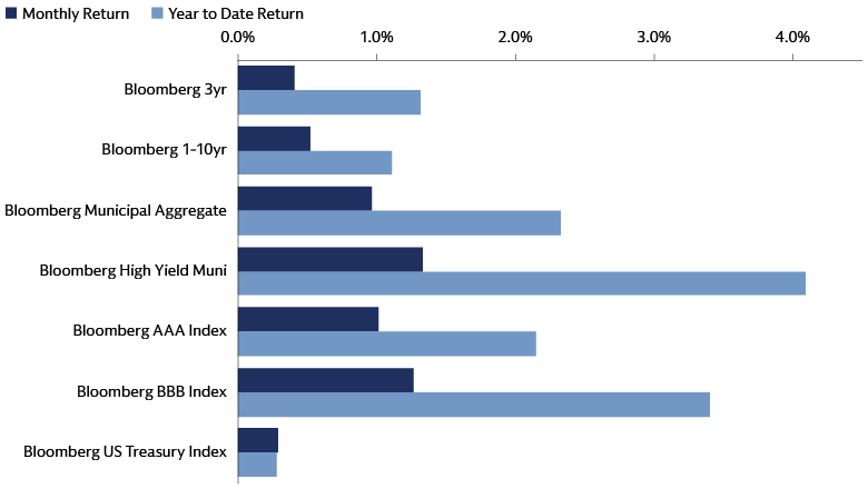 Bar chart showing monthly and year-to-date total returns for key municipal bond indices as of June 30, 2026.
