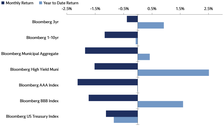 :  Bar chart showing monthly and year-to-date total returns for key municipal bond indices as of July 31, 2026.