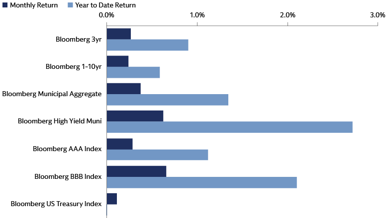 Bar chart showing monthly and year-to-date total returns for key municipal bond indices as of May 31, 2026.