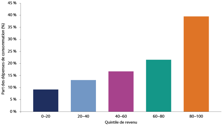 Graphique à barres illustrant la part des dépenses de consommation aux États-Unis par quintile de revenu, et montrant que le quintile de revenu 80-100 représente la proportion la plus élevée de la consommation américaine.
