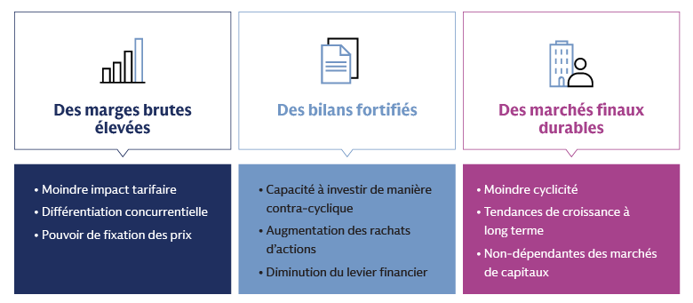 Représentation visuelle décrivant les déterminants du potentiel de surperformance des grandes capitalisations, avec trois facteurs clés : marges brutes élevées, bilans fortifiés et marchés finaux durables.