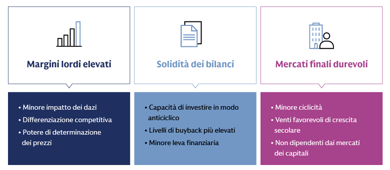 Rappresentazione visiva che illustra in dettaglio le chiavi per il potenziale di sovraperformance delle large cap, concentrandosi su tre pilastri fondamentali: margini lordi elevati, bilanci solidi e mercati finali resilienti